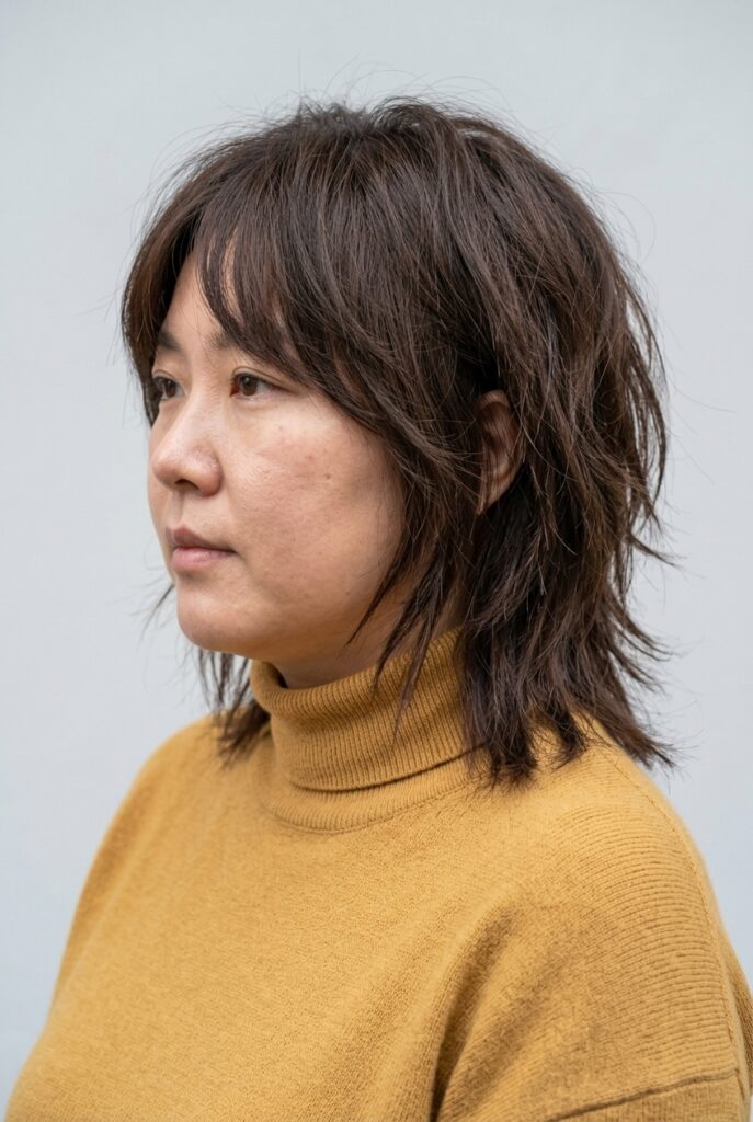 Shag haircut with curtain bangs on a round or full face