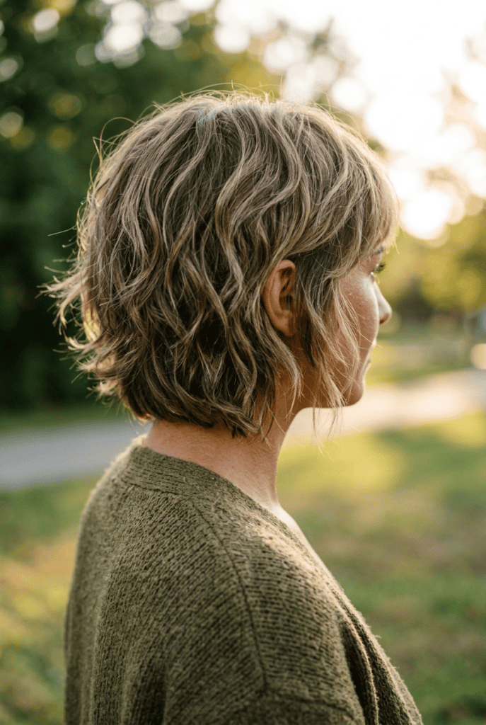 Woman with a shaggy layered bob haircut viewed from the side