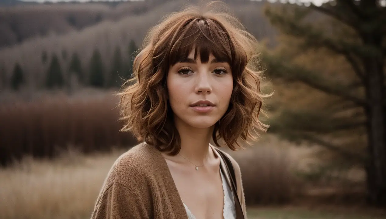 Shaggy Bob with Bangs and Chestnut Brown hair color