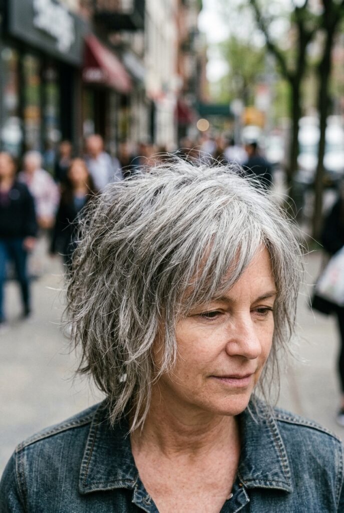 Shaggy bob haircut with tousled layers on a woman over 50