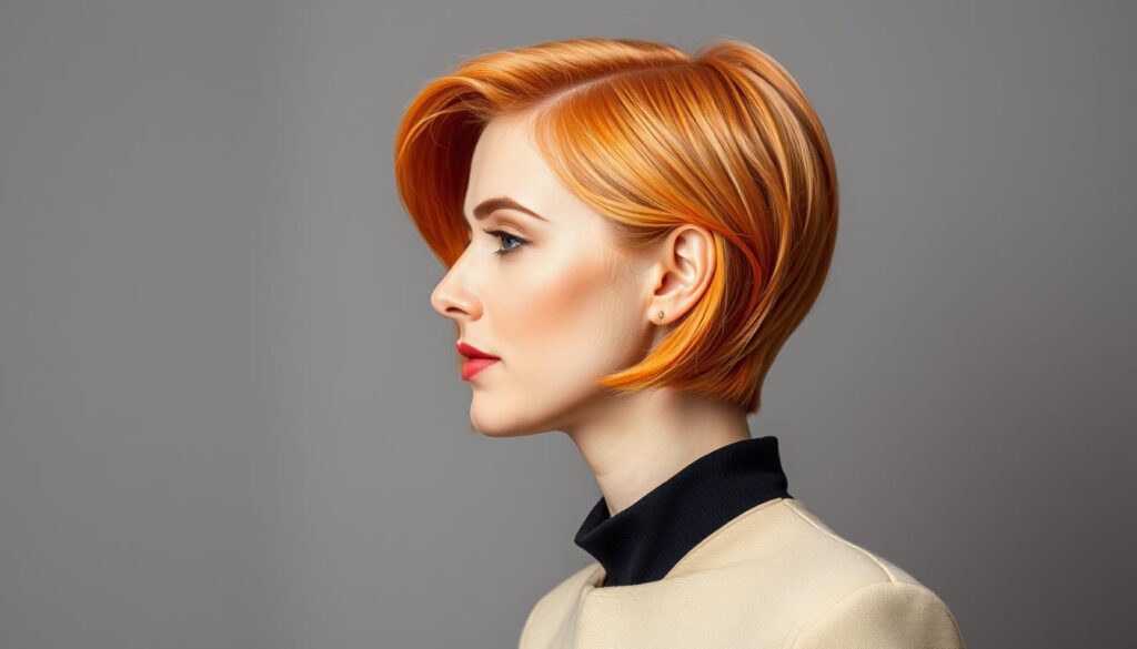 Short Haircut Pastel Orange hair color Beige Clothes