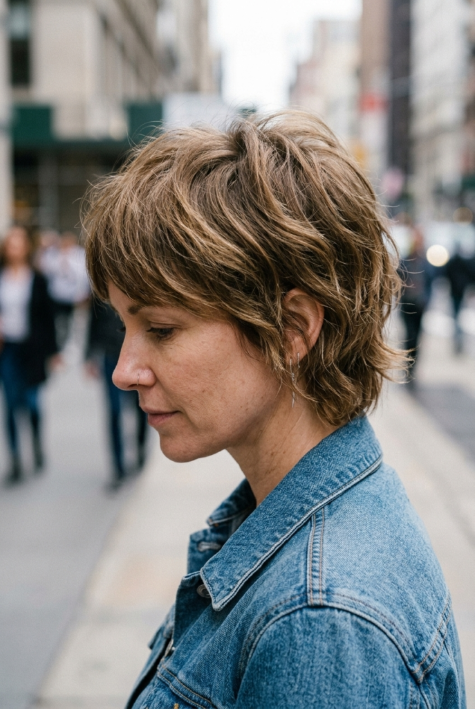 Mature woman with short feathered shag haircut