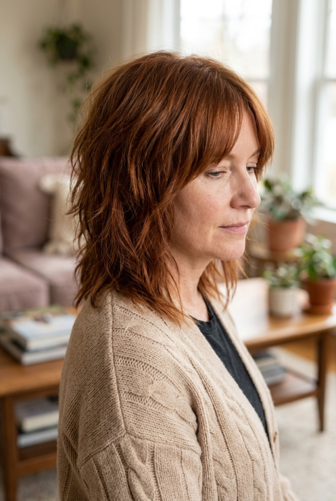 Woman with shoulder length shag haircut and curtain bangs