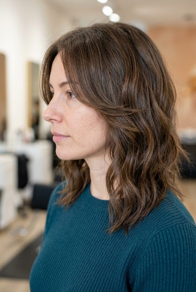 Shoulder length layered haircut with cheekbone framing on an oval face
