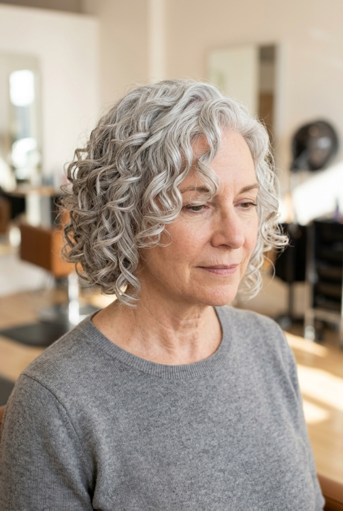 Mature woman with curly bob and deep side part