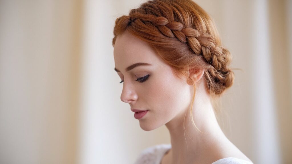 Side profile close-up of a woman with auburn hair styled in a Dutch Crown Braid