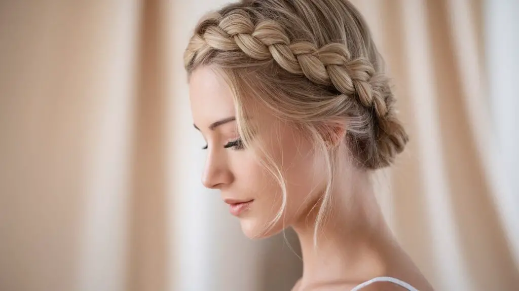 Side profile close-up of a woman with blonde hair styled in a Dutch Crown Braid