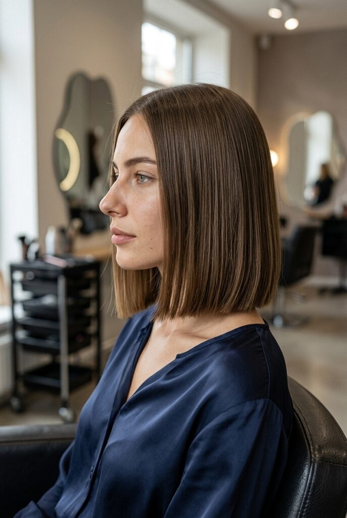 Side profile of a woman with a blunt collarbone length haircut sitting in a salon chair wearing a satin blouse