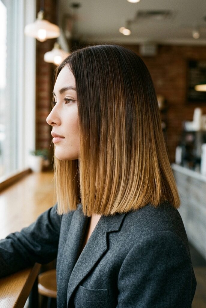 Side profile of a woman with a blunt lob and color melt gradient wearing a tailored blazer at a coffee shop counter