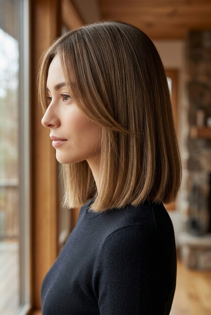 Side profile of a woman with a blunt lob and face framing layers wearing a fitted knit top near a window at home