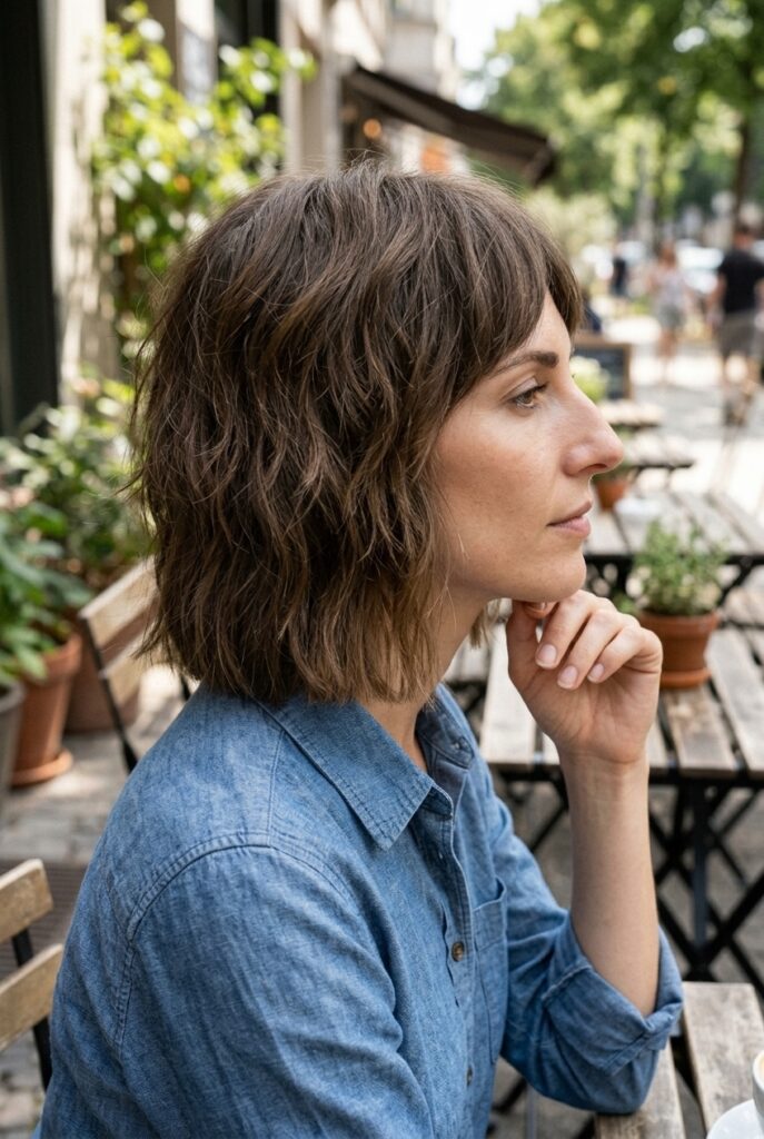 Side profile of a woman with a blunt shag lob haircut wearing a chambray shirt at an outdoor café
