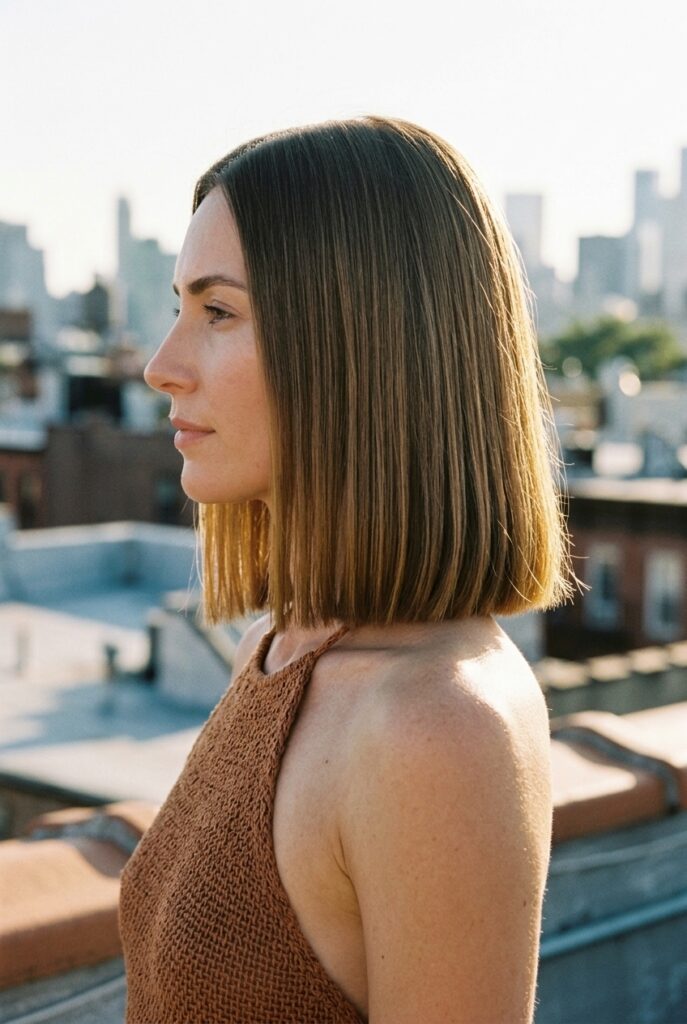Side profile of a woman with a classic one-length blunt lob wearing a woven halter top on a rooftop terrace