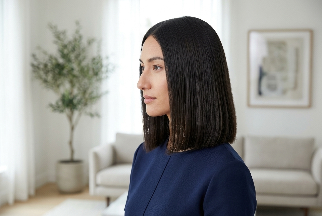 Side profile of a woman with a polished shoulder length blunt haircut wearing a structured ponte top in a modern living room
