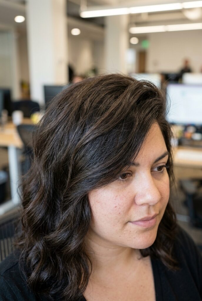 Side swept combover with messy waves for round face