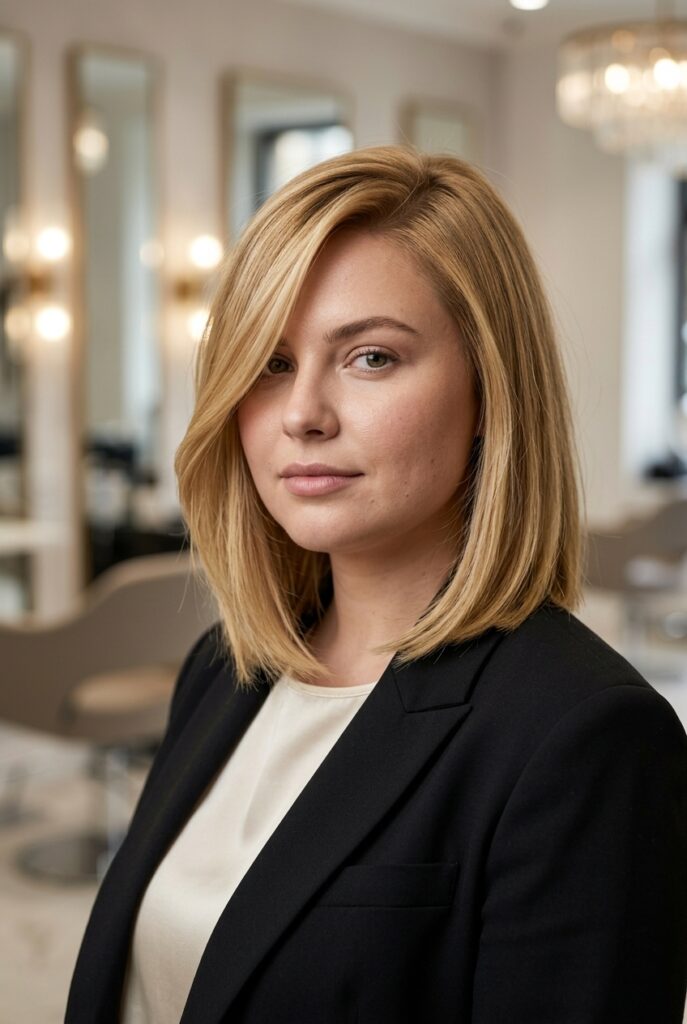 Side swept long bob haircut with deep part on a round face