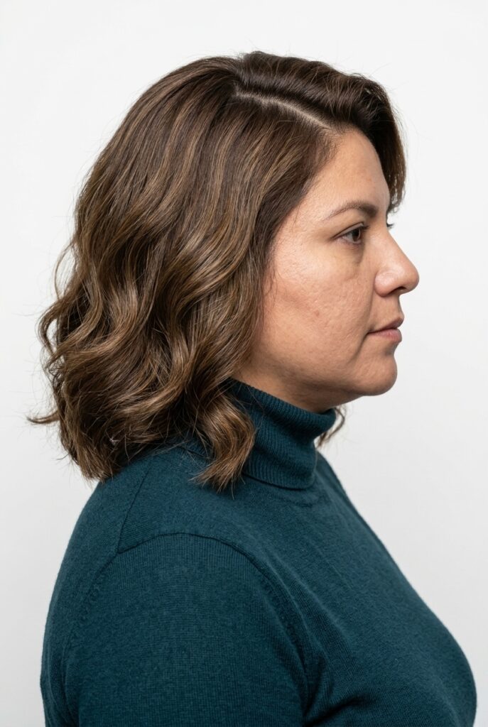 Side-swept waves with a deep side part on medium-length hair