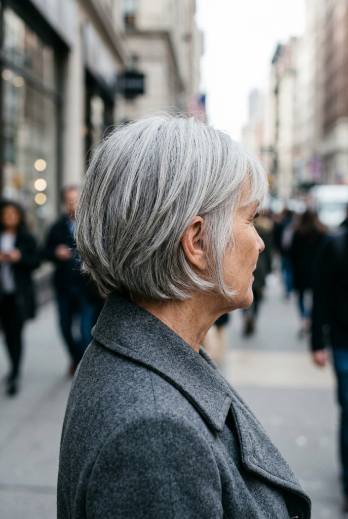 Mature woman with short silver gray crop haircut