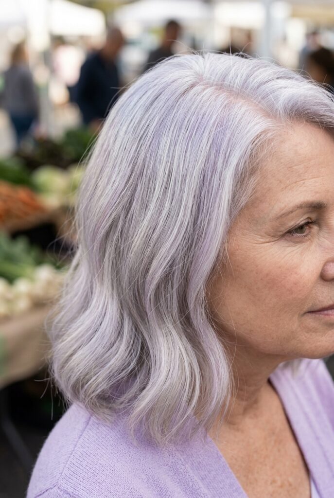 Silver hair with a faint lavender gloss