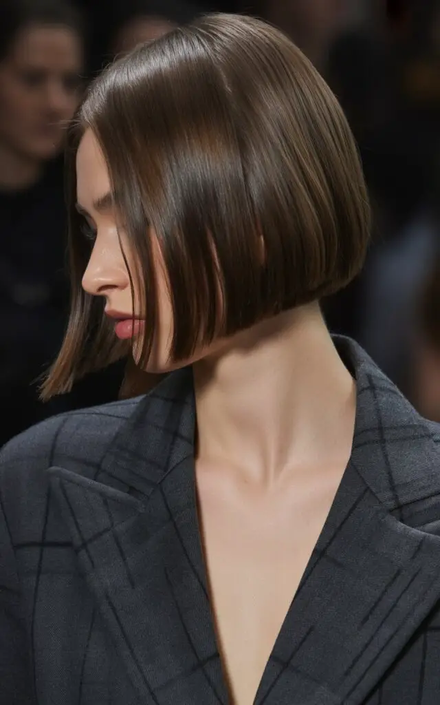 Sleek Bob haircut with smooth polished finish and glossy shine styled with flat iron