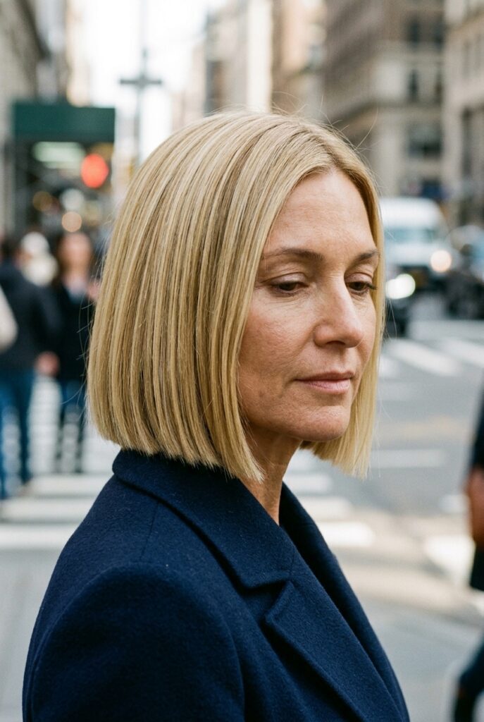 Sleek chin length straight bob haircut on a woman over 50