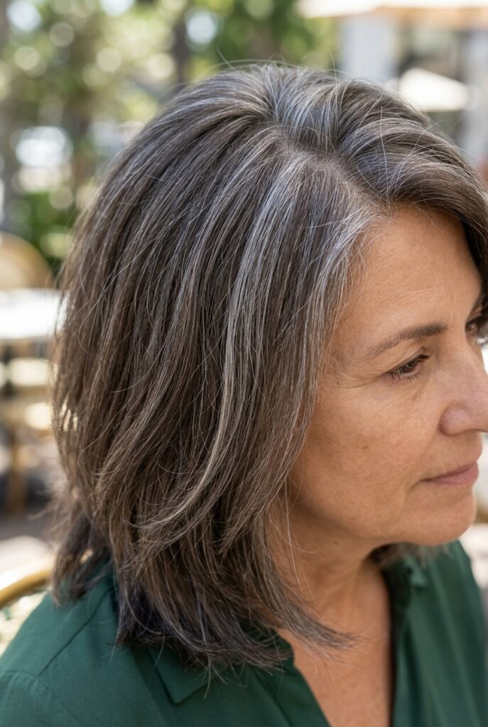 Smoky ash brown hair with fine silver highlights