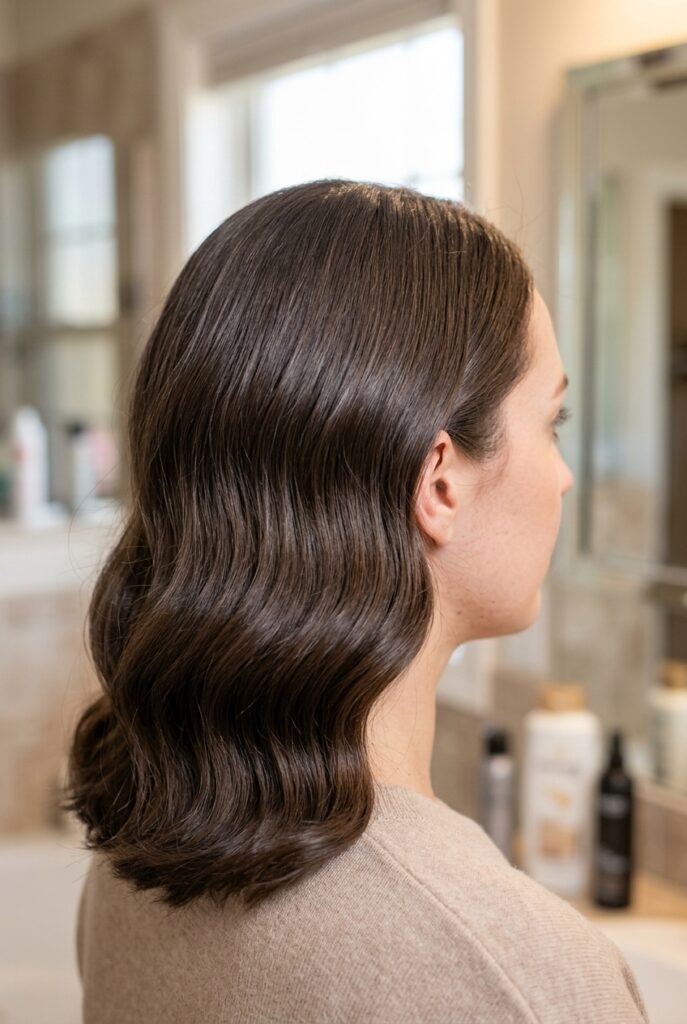 Smooth heat styled brunette hair with no damage Smooth heat styled brunette hair with no damage