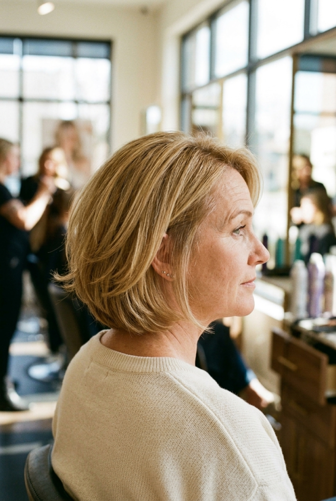 Woman with layered bob haircut showing volume at the crown