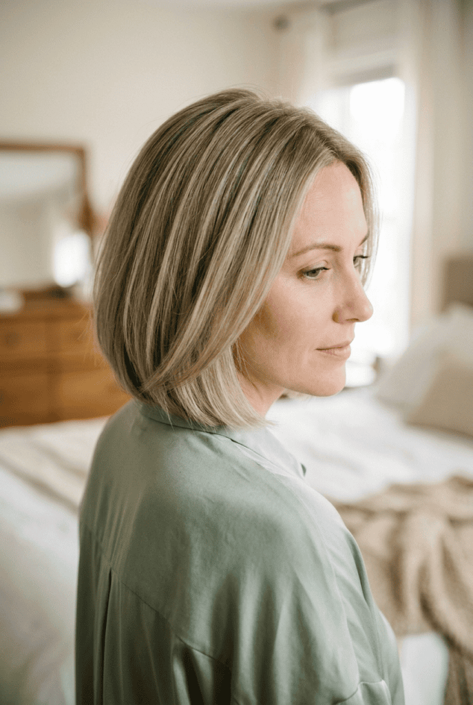 Woman with soft layered bob haircut for fine hair