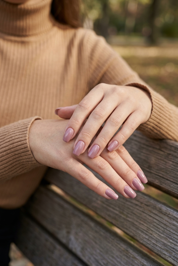 Soft Mauve Woman in a camel ribbed turtleneck with soft mauve creamy nails resting on a park bench in natural dappled light