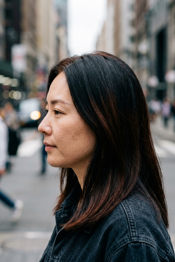 Soft Off-Black Soft off black hair color with warm undertone on a woman