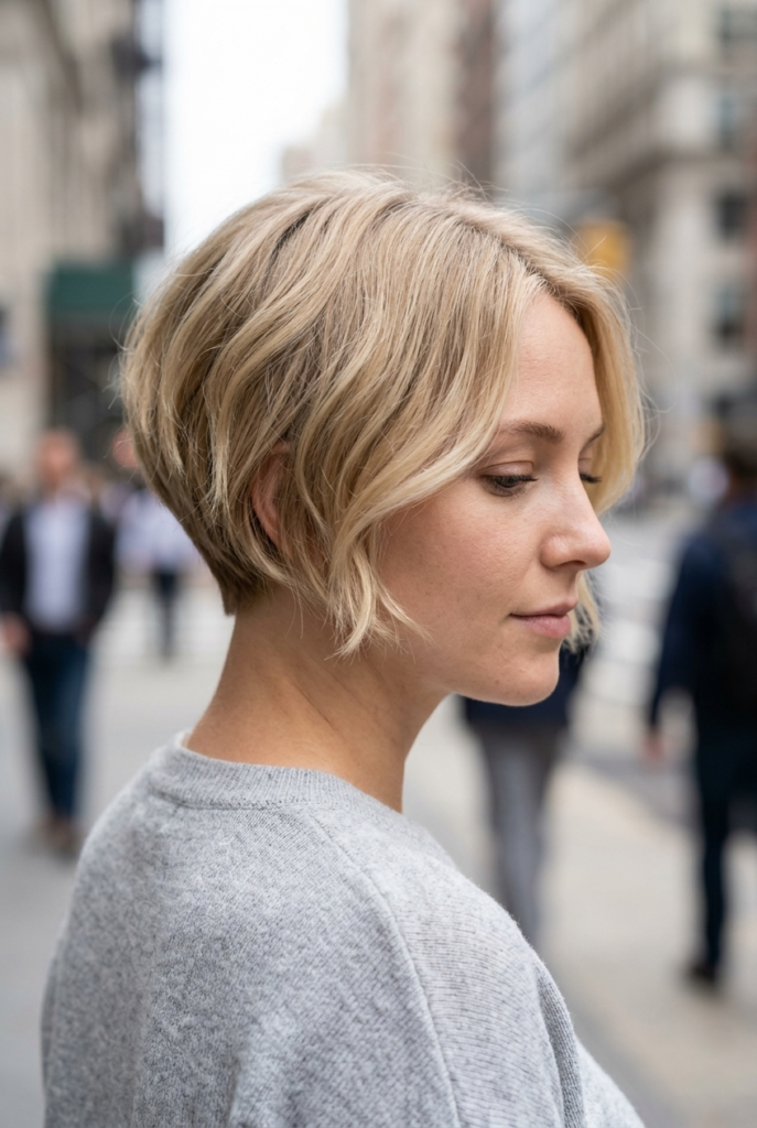 Soft Pixie-Bob Hybrid Woman with soft pixie bob hybrid haircut framing her face