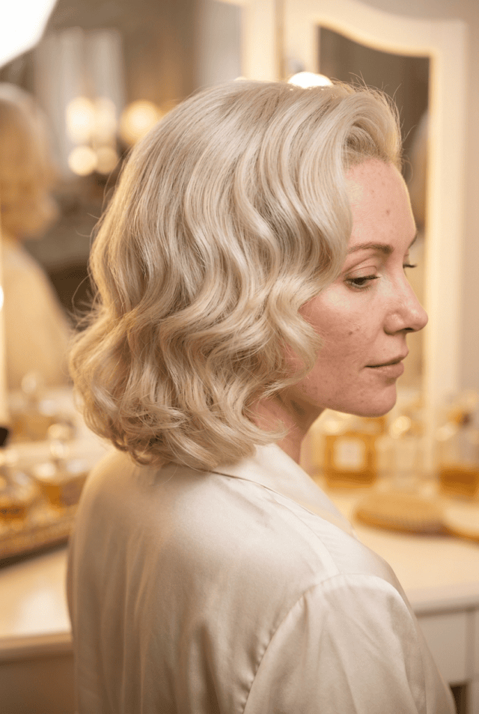 Woman with soft Old Hollywood waves from a roller blowout