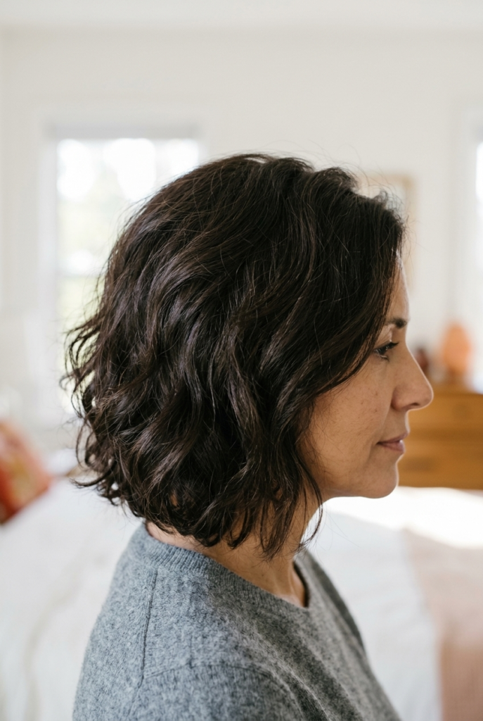 Mature woman with soft wavy crop and crown volume