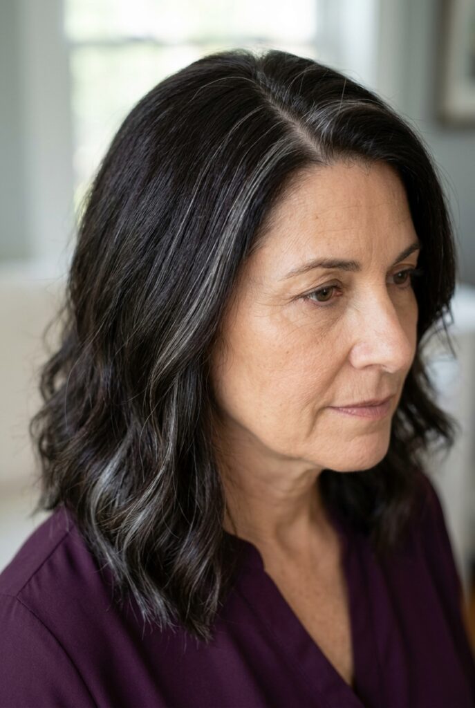 Soft black hair with narrow pewter gray streaks