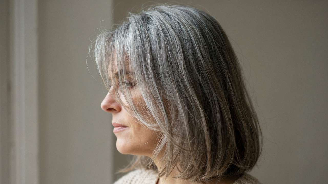 Soft blended gray hair color with champagne lowlights on a mature woman