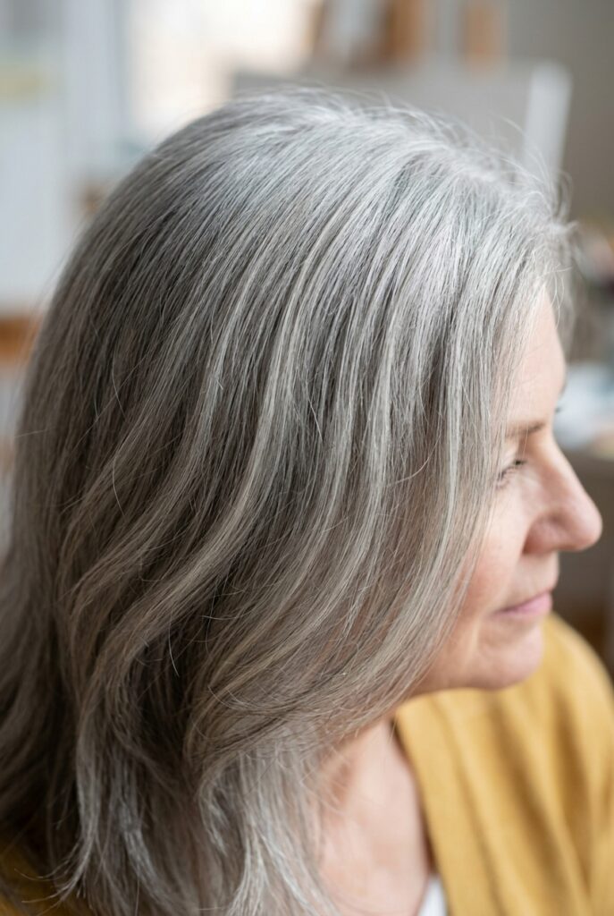Soft pewter gray hair with graphite lowlights