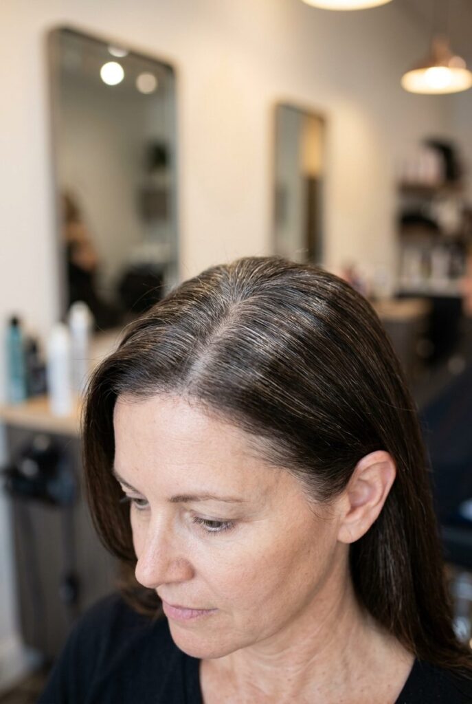 Soft smudged gray roots blended with glossy shine