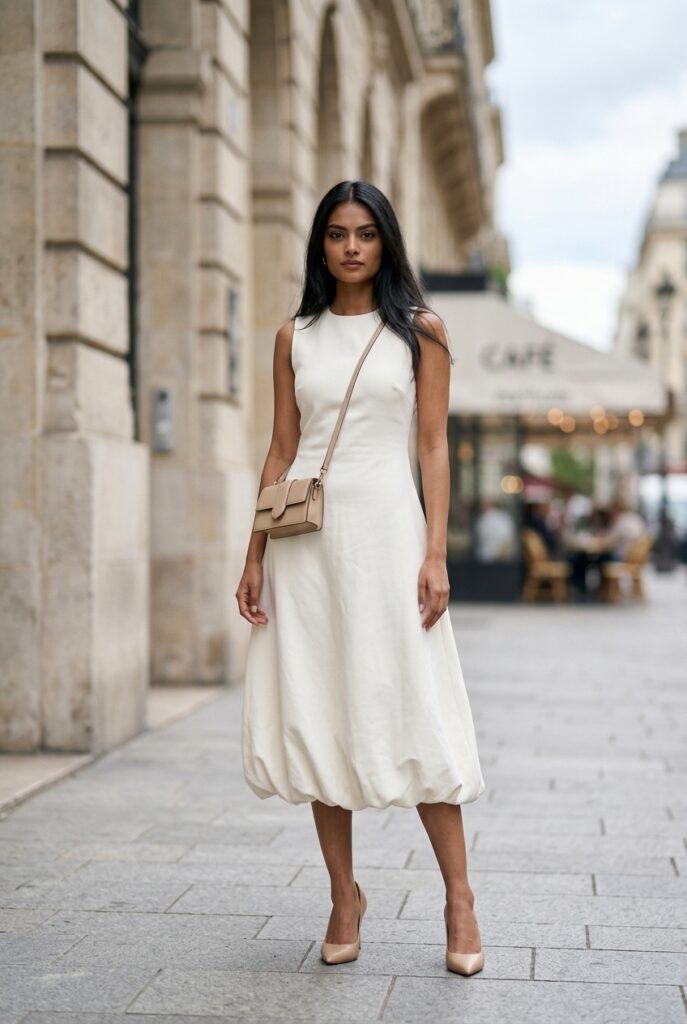 South Asian woman wearing a modern ivory bubble-hem midi dress on a city street
