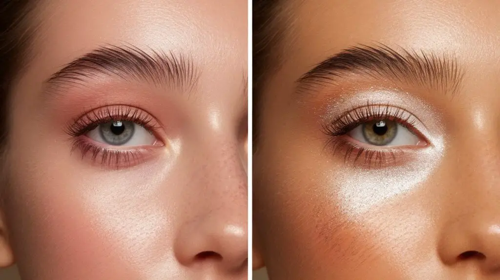 Split-screen beauty portrait: traditional sharp cat eye versus soft airbrushed effect