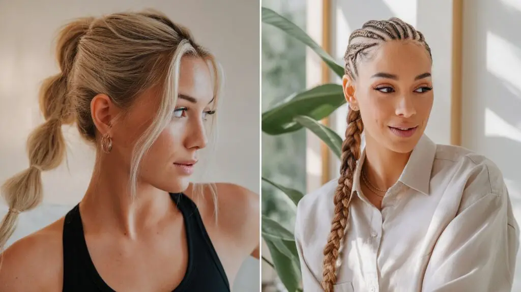 Split screen comparison left showing messy unsecured ponytail during teaser right showing same pose with properly secured braided style