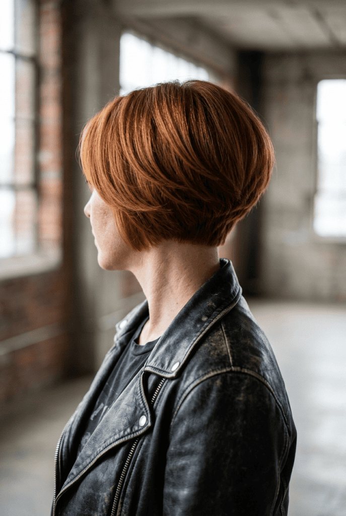 Woman with a stacked graduated bob haircut showing volume at the back