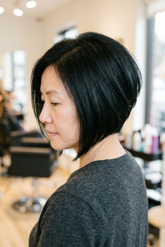 Stacked bob haircut with graduated layers on a woman over 50