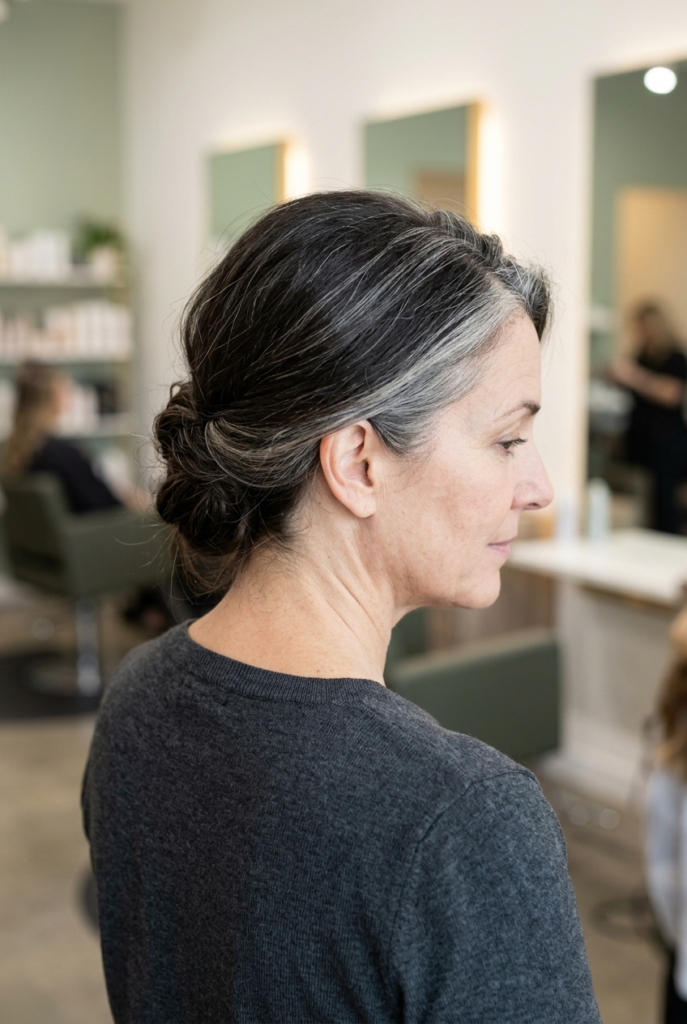 Natural gray hair pattern at temples crown and part before highlights