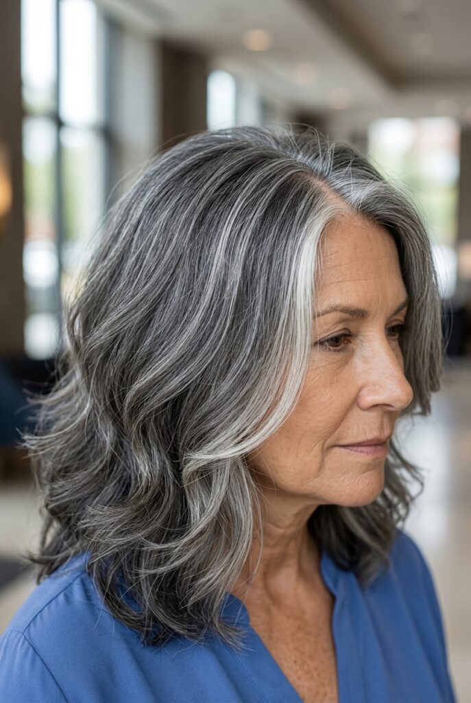 Steel gray hair with bright silver face framing strands