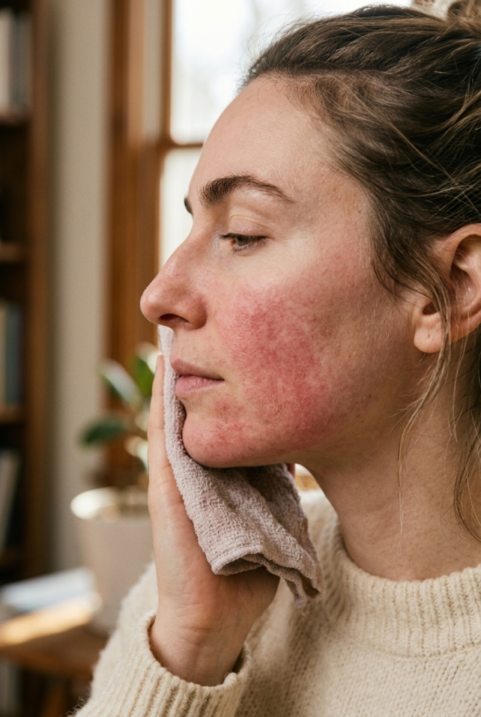 Stop Treating Your Skin Barrier Like the Enemy Woman gently pressing a soft cloth to her irritated skin at home wearing a knit sweater
