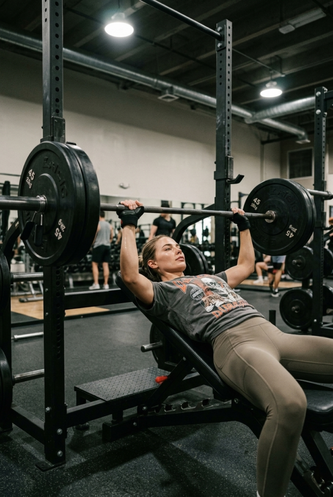 German woman confidently bench pressing a heavy barbell at the gym with a calm expression   Want to be notifie