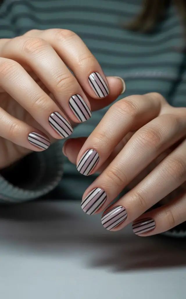 Full closeup to female hands with striped nail design featuring clean vertical and horizontal lines, contrasting colors with geometric patterns, sophisticated thin stripes, professional and polished manicure.