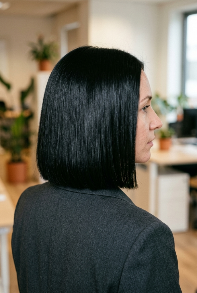 Structured Sleek Bob Woman with sleek blunt bob haircut hitting the shoulders