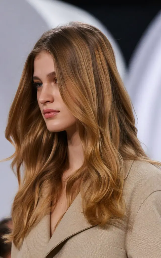 A high-fashion portrait photograph of a female
model showcasing sun-kissed bronde hair in a full close-up shot during a fashion parade