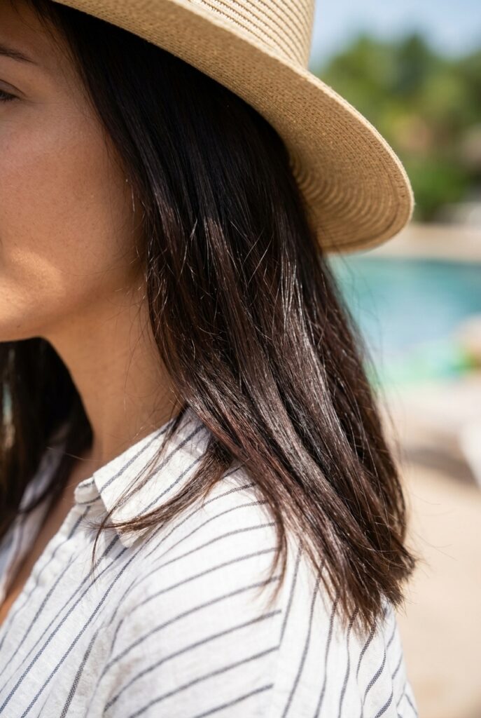 Sun protected brunette hair color at the beach Sun protected brunette hair color at the beach